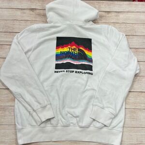 The North Face White Mens Hoodie Sweatshirt Rainbow Logo Never Stop Exploring L